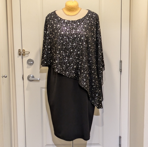 EUC Hanna Nikole 24W Galaxy Star Print Draped Capelet Black and Silver Dress - Picture 1 of 9